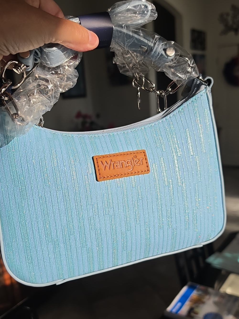 Wrangler Light Shimmer Blue Shoulder Bag Or Crossbody with Tan Logo Patch